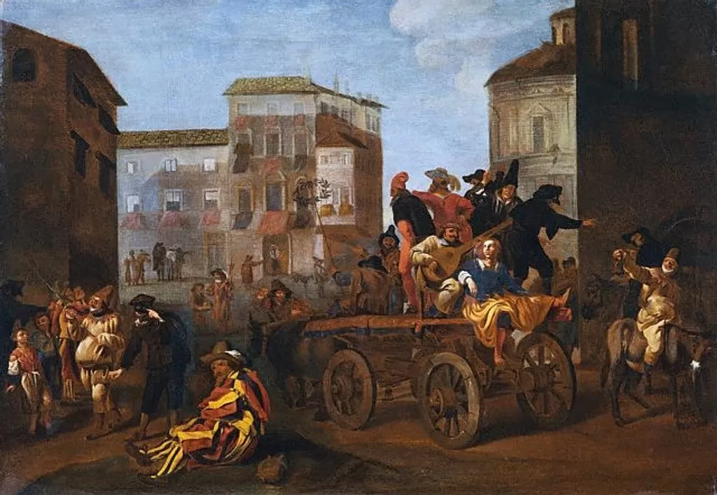 Commedia dell'arte Troupe on a Wagon in a Town Square, by Jan Miel, 1640. A painting of people on a wagon performing Commedia dell'Arte while rolling through an old city.