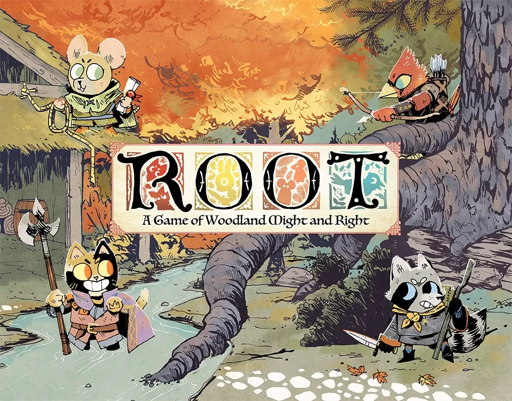 Box art for the board game Root. A colorful illustrated forest with a mouse with a rope, a corvid with a bow and arrow, a cat with an axe, and a racoon with a dagger.