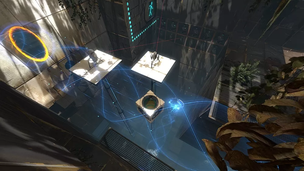 Screenshot of the video game Portal.  An aerial shot with a portal on the left and platforms in the middle with an abyss below.