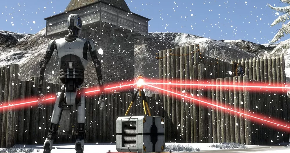 Screenshot of the video game The Talos Principle.  A box with a tripod shooting 3 red lasers in a snowy landscape.