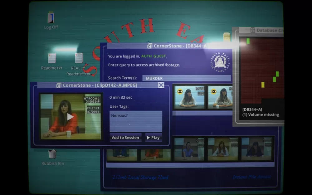 Screenshot of the video game Her Story.  Old windows 3.1 style folders and tabs desktop with a video to play of a lady wearing an orange shirt.