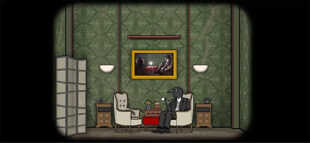 Screenshot of the video game Cube Escape Series.  A raven sitting and drinking tea in an SNES quality old style room.