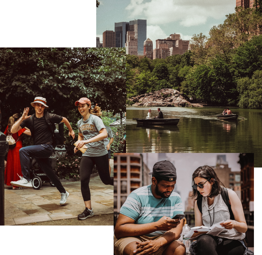 A collage of people playing the Great Gotham Challenge.  A couple running, a man and woman solving a puzzle, and two couples rowing in a pond.