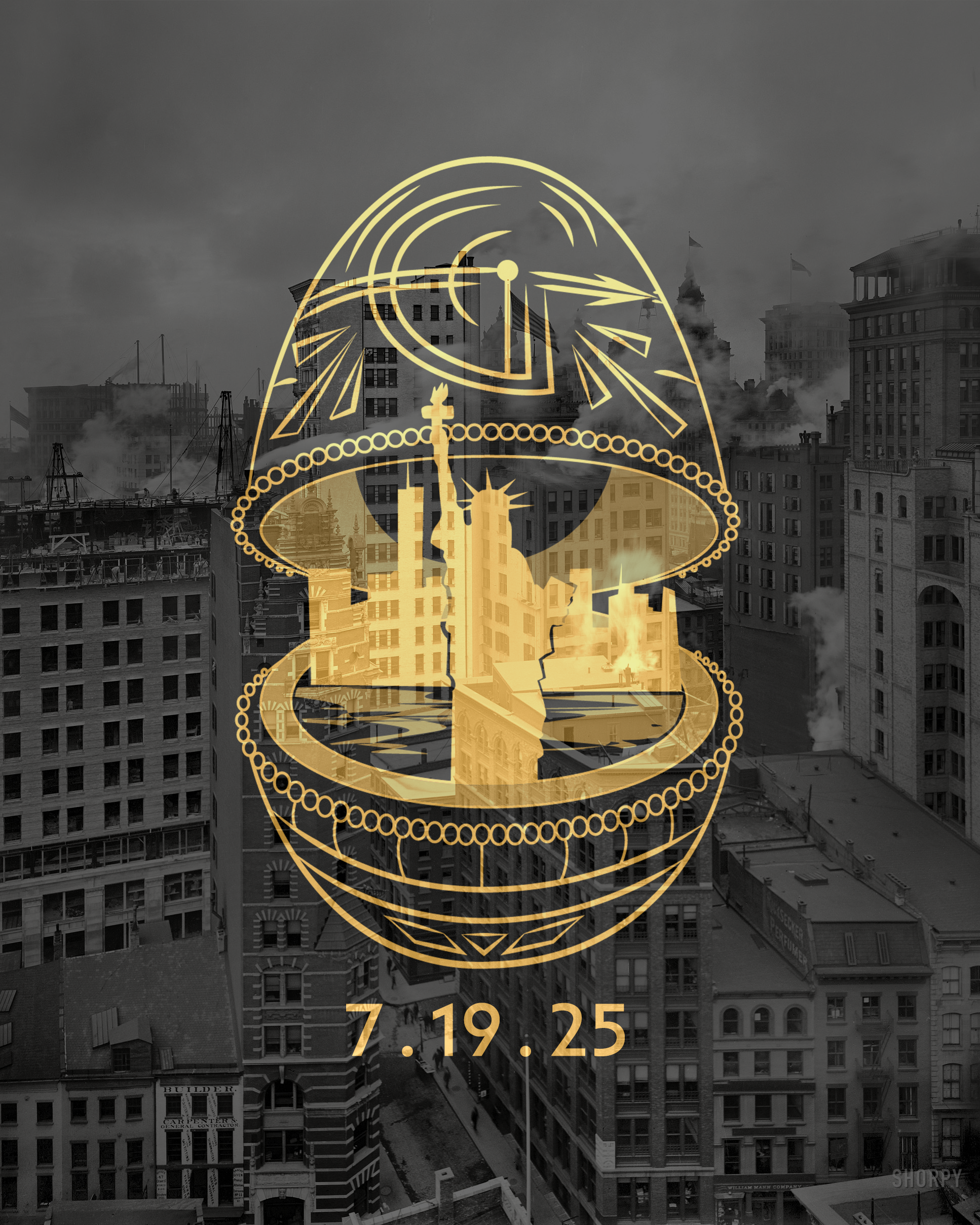 A gold fabrege egg with the skyline of NYC inside it.