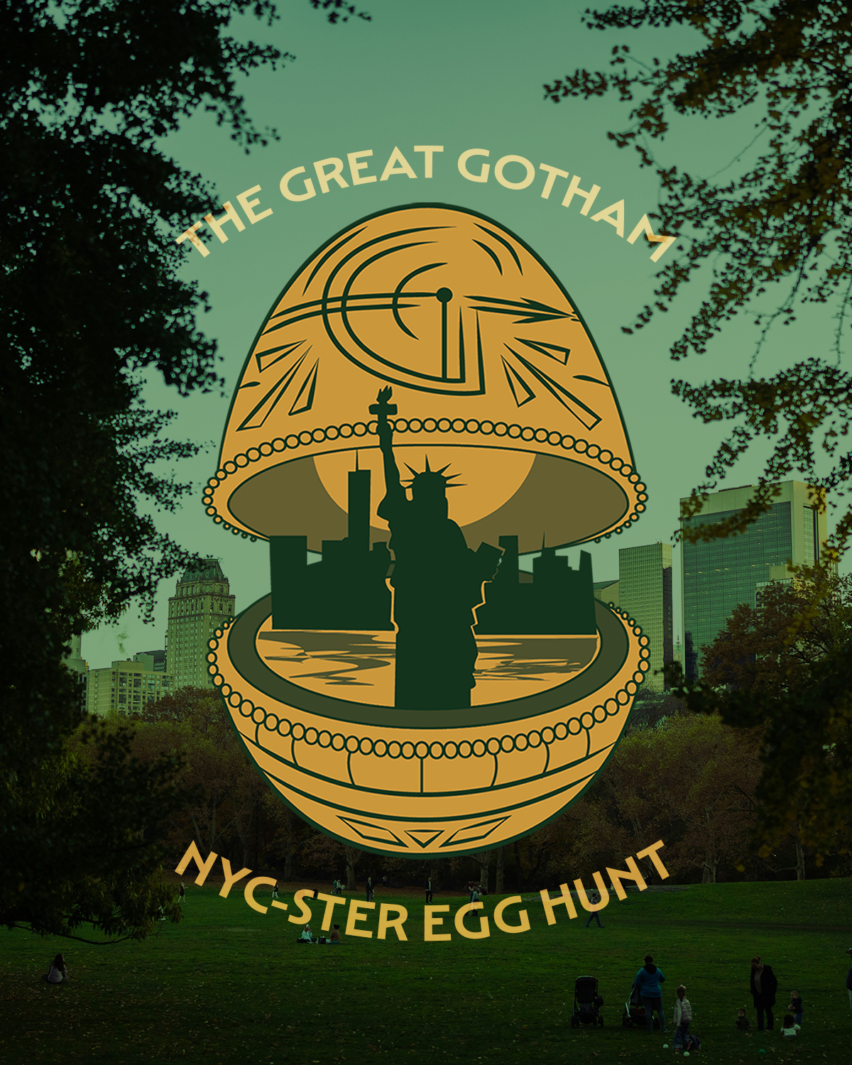 A gold fabrege egg with the skyline of NYC inside it.