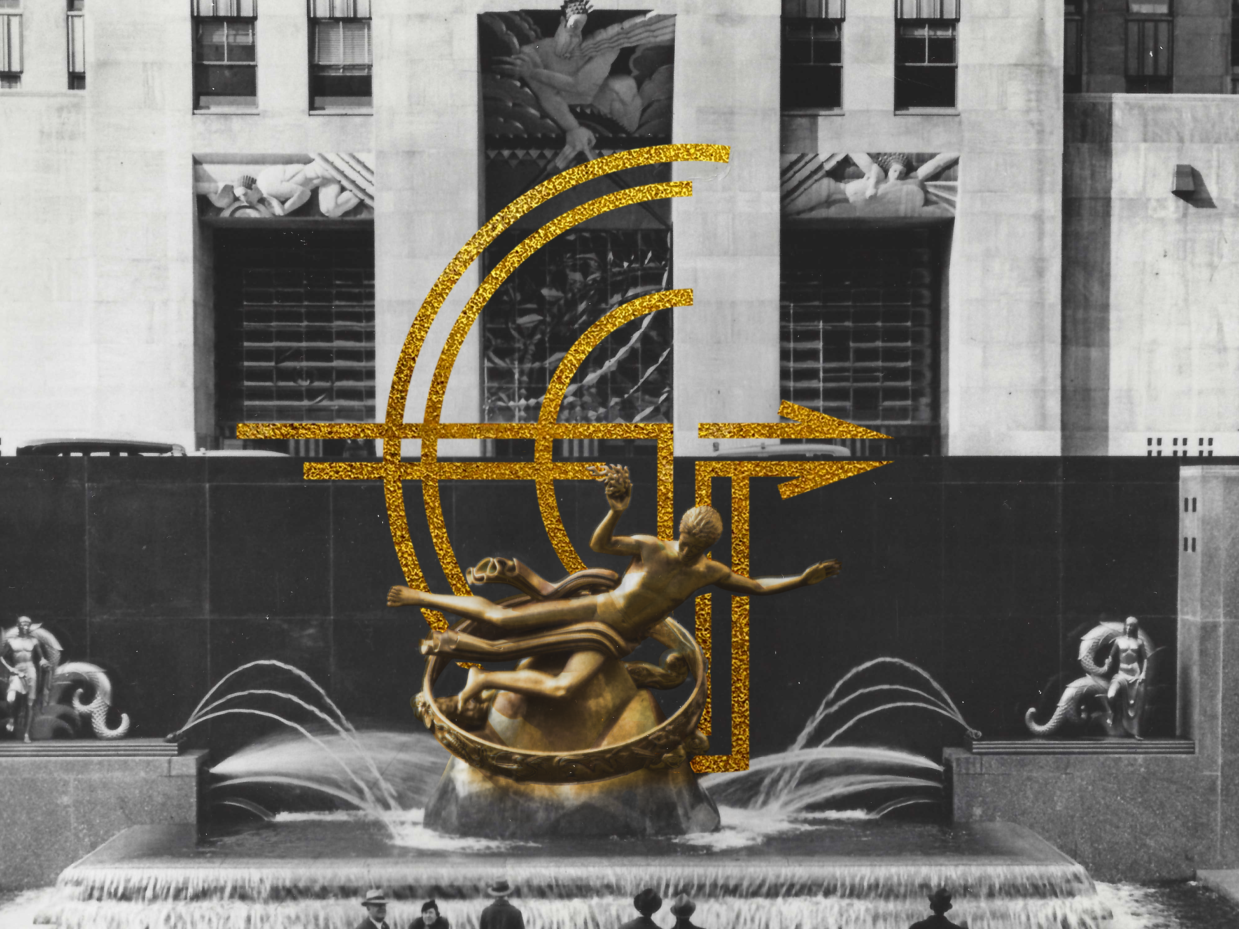 A gold GGC logo emblazoned over a black and white image of Rockefeller Center