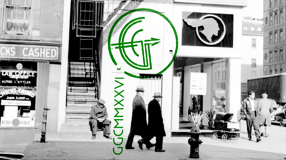 A black and white photo of a person walking past a wall with a green GGC logo.