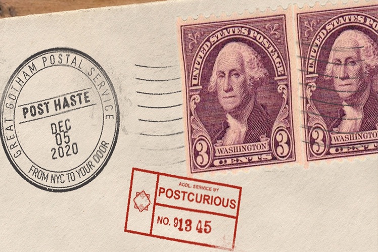 A graphic of an envelope with stamps and postmarks.
