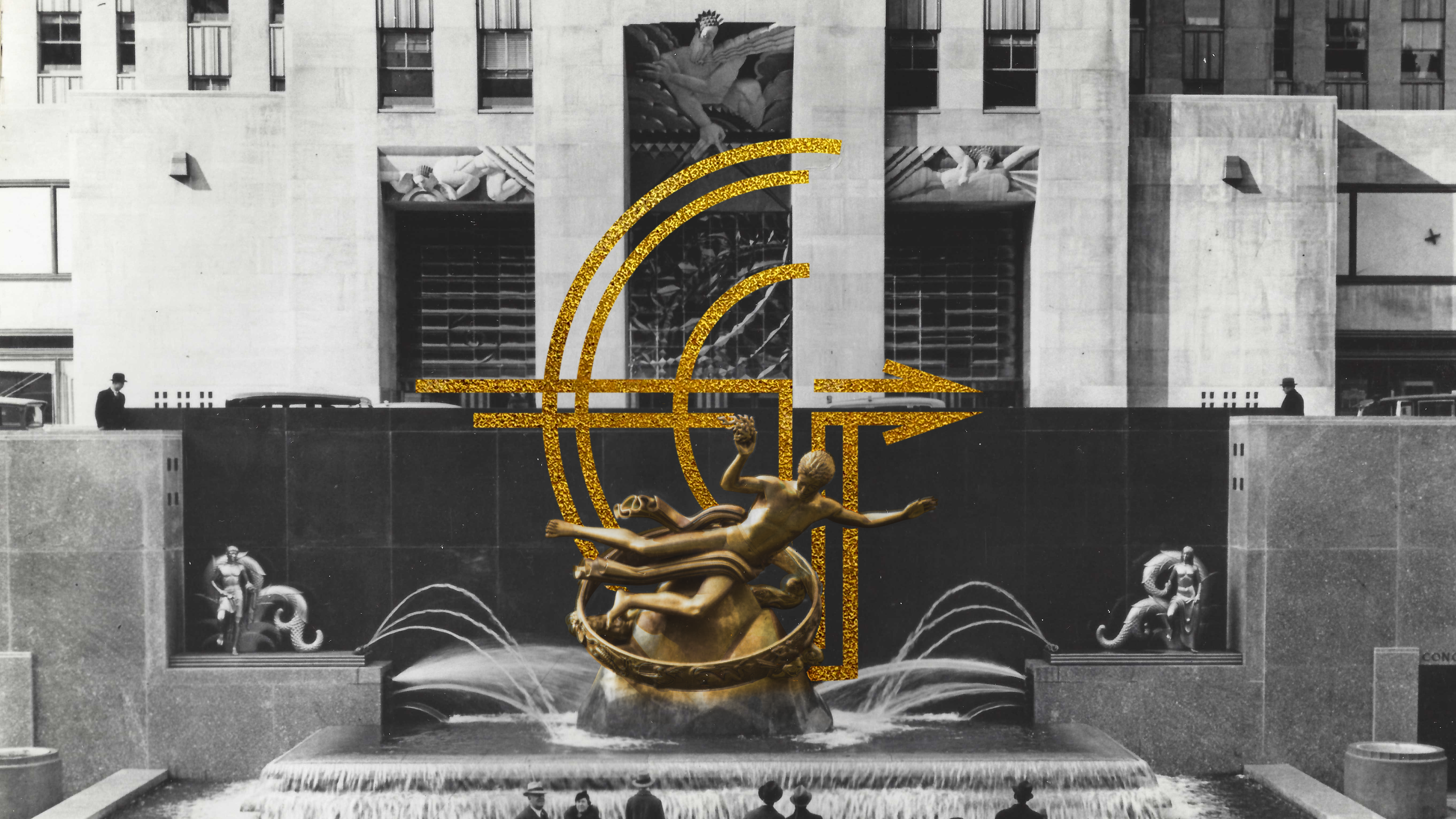 a gold statue with the words Rockefeller Rendezvous next to it